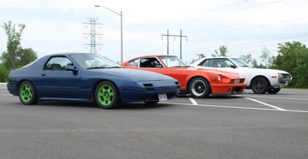 Mazda RX-7, Datsun 280Z, and Toyota Celica parked outside of NCCAR testing facility.  All using different forms of MegaSquirt Standalone Engine management.