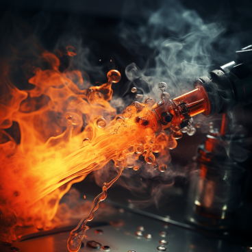 artistic image of fuel injector spraying fuel with fire and smoke.
